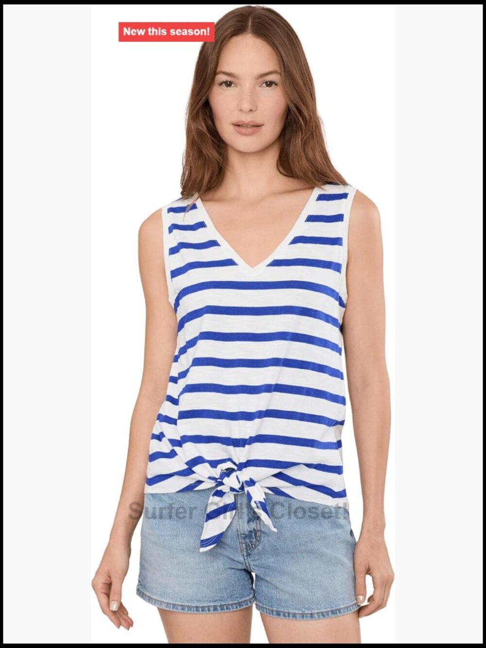 Women's V Neck Tie Tank Sleeveless Cotton Blend Striped
